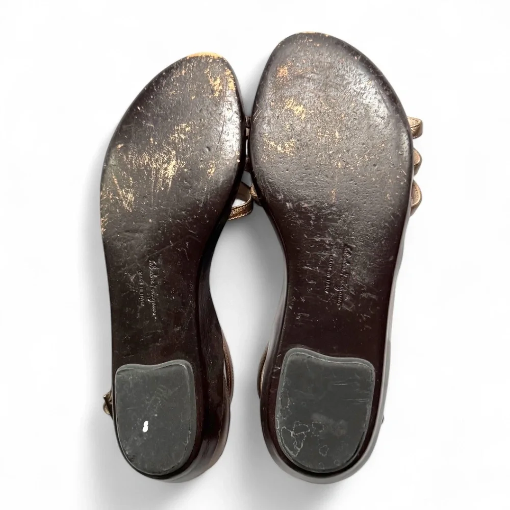 Salvatore Ferragamo Metallic Bronze Leather Strappy Sandals – Size 9B